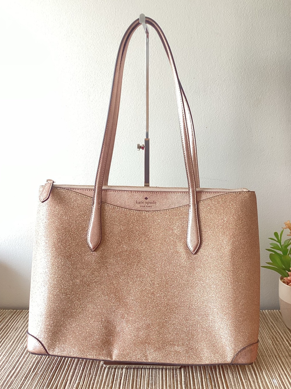 Kate Spade Rose Gold Pink Glitter Tote Large Bag Designer Purse